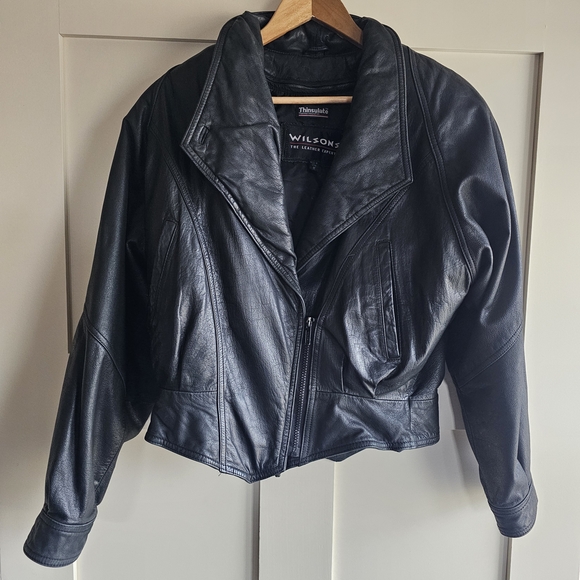 Wilson Jackets & Blazers - Wilson VTG Women's Black Leather Biker Cropped Bomber Jacket 80s Style